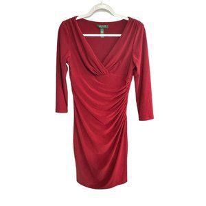 Lauren Ralph Lauren Sz 4 Red Faux Wrap Dress Jersey Knit 3/4 Sleeve V Neck
